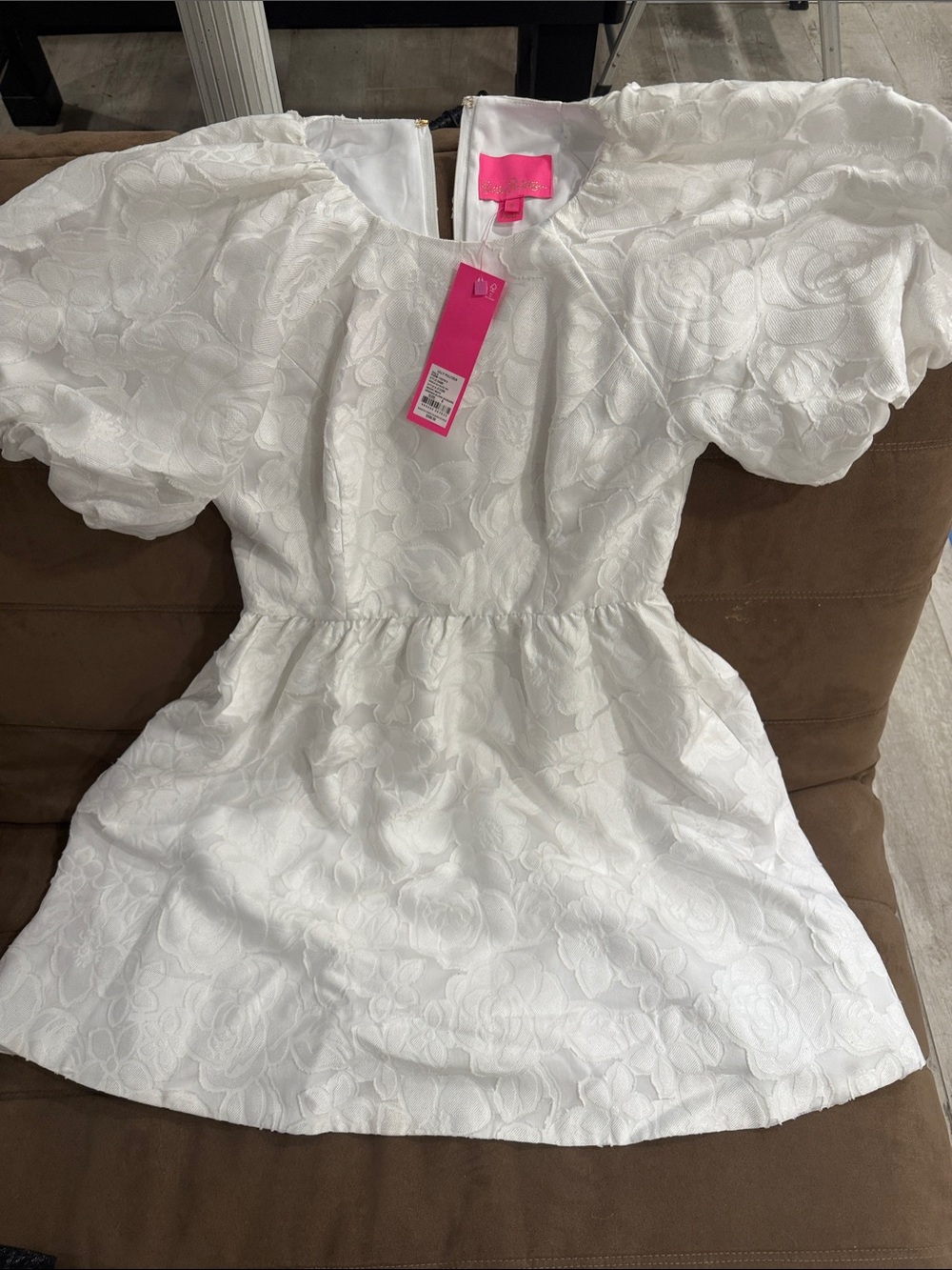 NWT Lilly Pulitzer' White Floral Jacquard Puff-Sleeve Dress